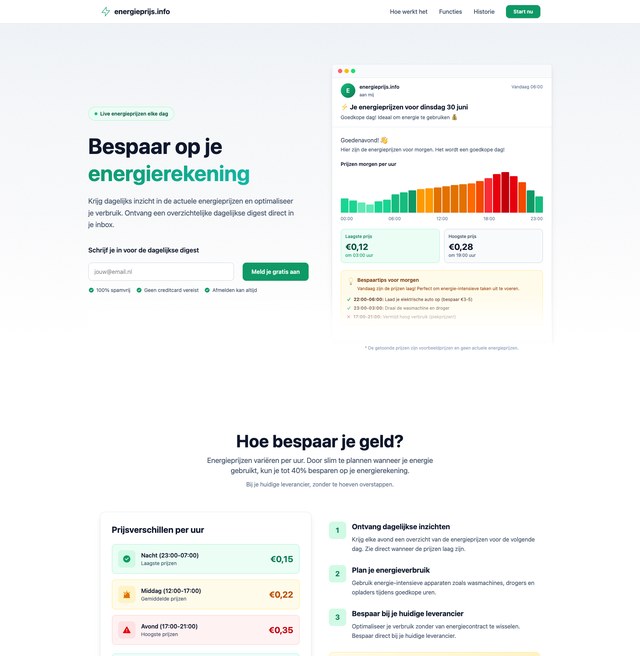 The energieprijs.info landing page with a daily energy price digest signup and an email preview showing hourly prices as a bar chart.